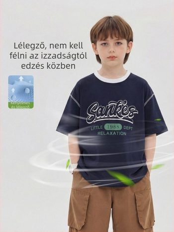 Gyerekeknek készült rövid ujjú pamut póló, laza szabású, nyomtatott mintával