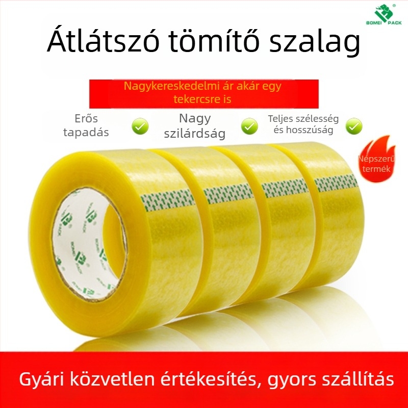 Bomeipack Átlátszó csomagoló szalag, 50 µm vastagság, BOPP film, záró ragasztócsík logisztikához és irodának, szélesség 4,5–6 cm, hossz 60–200 m, Átlátszó fehér vagy Átlátszó sárga