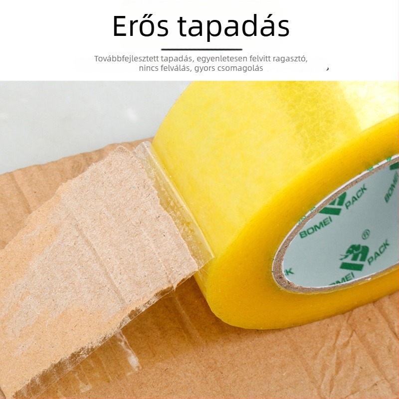 Bomeipack Átlátszó csomagoló szalag, 50 µm vastagság, BOPP film, záró ragasztócsík logisztikához és irodának, szélesség 4,5–6 cm, hossz 60–200 m, Átlátszó fehér vagy Átlátszó sárga
