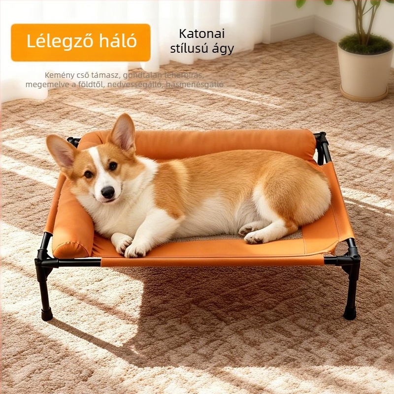L-alakú, magasan emelt kisállatfekhely peremmel, leválasztható és mosható, nedvességálló, dekoratív vaskerettel, nagytestű kutyák és macskák számára.