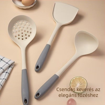 Élelmiszer-minőségű szilikon spatula és kanál készlet, hőálló és tapadásmentes, otthoni használatra.