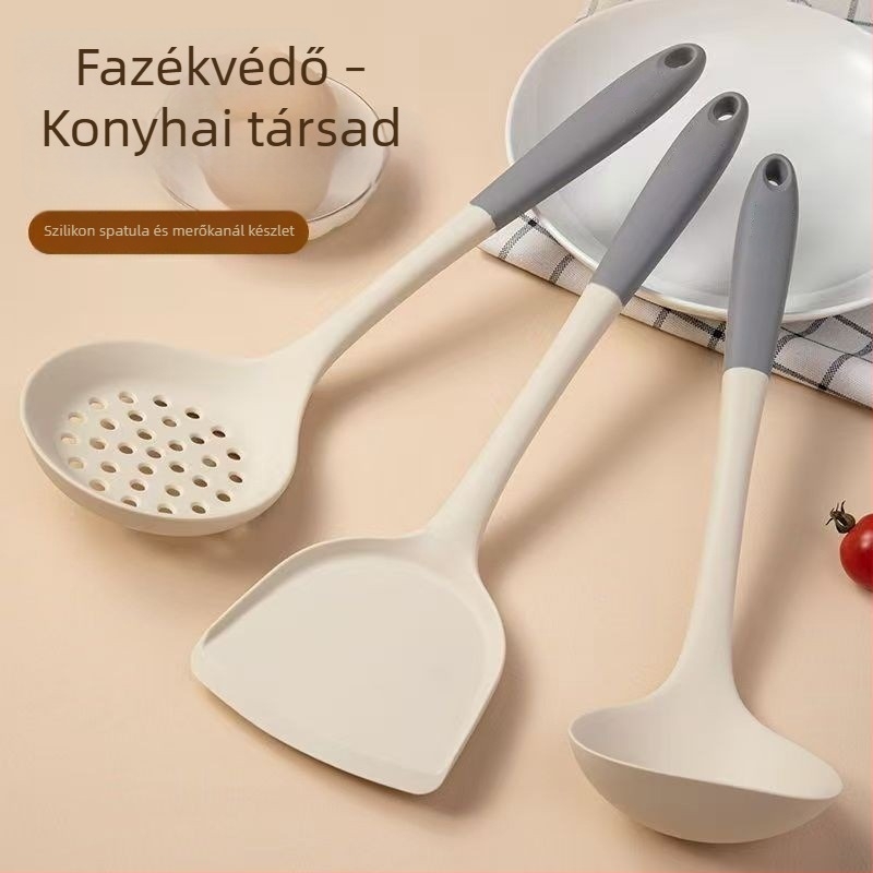 Élelmiszer-minőségű szilikon spatula és kanál készlet, hőálló és tapadásmentes, otthoni használatra.