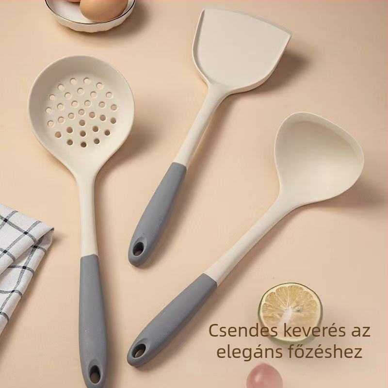 Élelmiszer-minőségű szilikon spatula és kanál készlet, hőálló és tapadásmentes, otthoni használatra.