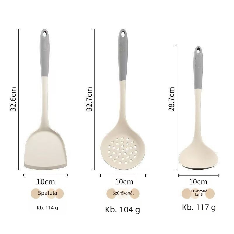 Élelmiszer-minőségű szilikon spatula és kanál készlet, hőálló és tapadásmentes, otthoni használatra.
