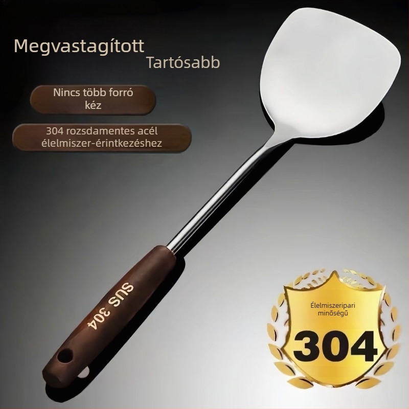 Rozsdamentes acél konyhai készlet hosszú fa nyéllel: spatula, leveskanál, nagy szűrőkanál, wok spatula