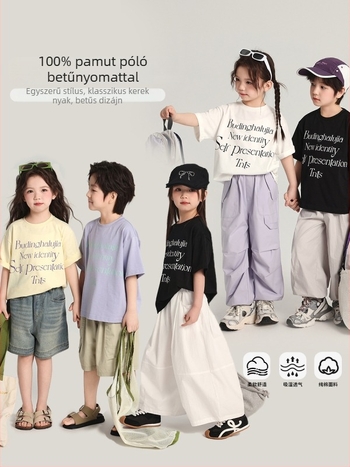 Pudding Haru lányoknak szánt rövid ujjú pamut póló, kerek nyakú, laza szabás, betűs mintával, 100% pamut, 2025 stílus