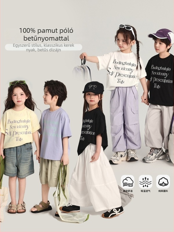 Pudding Haru lányoknak szánt rövid ujjú pamut póló, kerek nyakú, laza szabás, betűs mintával, 100% pamut, 2025 stílus