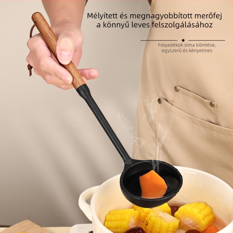 Szilikon spatula készlet fa fogantyúval, hőálló konyhai eszközök, leveskanál és serpenyő spatula