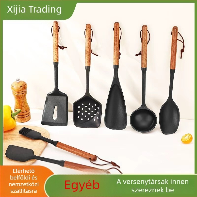 Szilikon spatula készlet fa fogantyúval, hőálló konyhai eszközök, leveskanál és serpenyő spatula