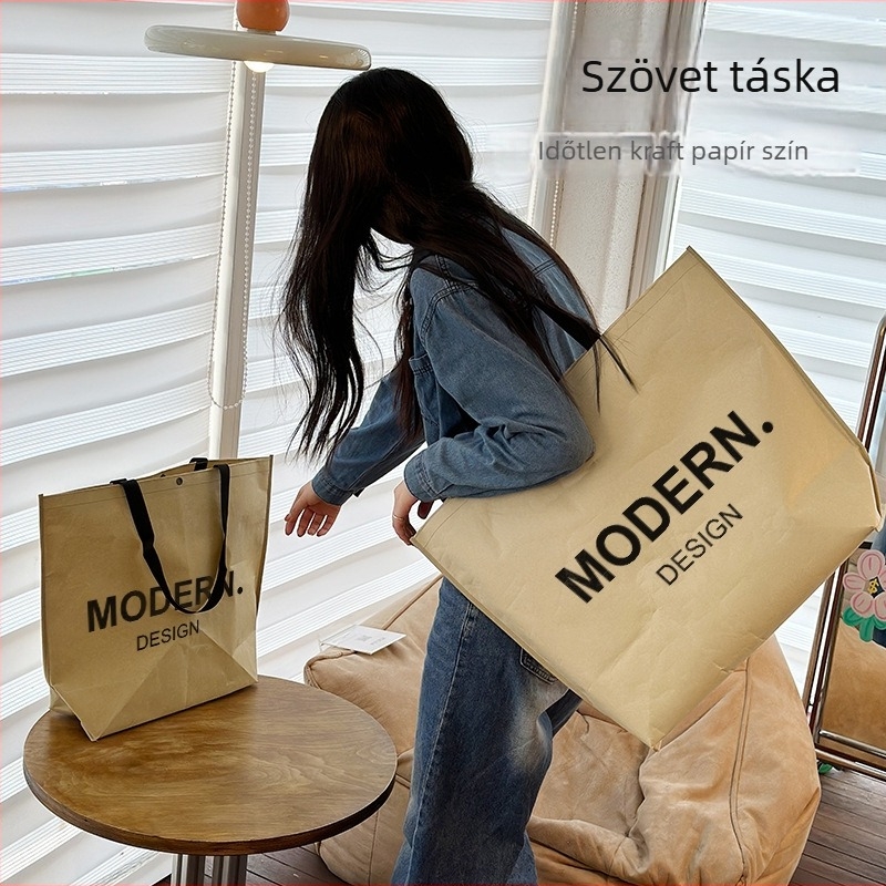 Vastag szövött kraftpapír táska, koreai stílusú, egyszerű vállizsák, nagy kapacitású bevásárlótáska ruházati boltokhoz, univerzális ajándéktáska