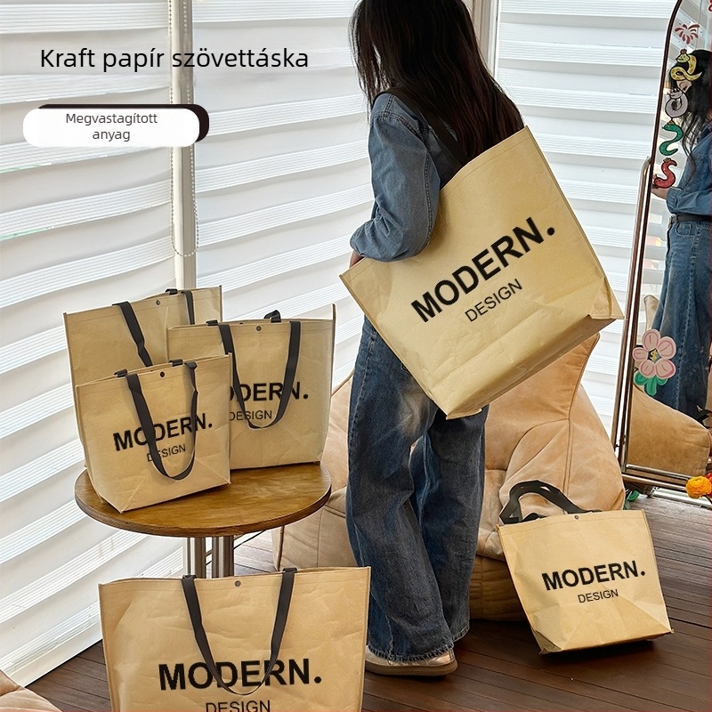Vastag szövött kraftpapír táska, koreai stílusú, egyszerű vállizsák, nagy kapacitású bevásárlótáska ruházati boltokhoz, univerzális ajándéktáska