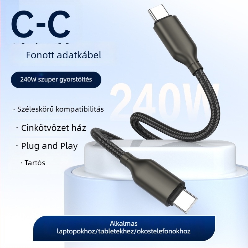 Cinkötvözetű USB Type-C adatkábel, hálós kivitel, 240 W-os gyors töltéshez, kompatibil Apple és Huawei