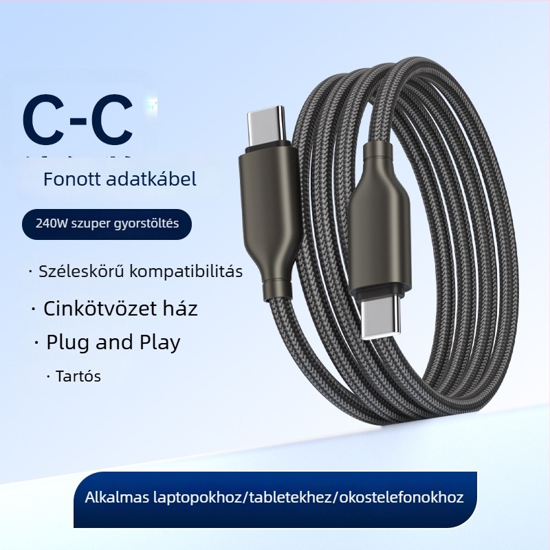 Cinkötvözetű USB Type-C adatkábel, hálós kivitel, 240 W-os gyors töltéshez, kompatibil Apple és Huawei