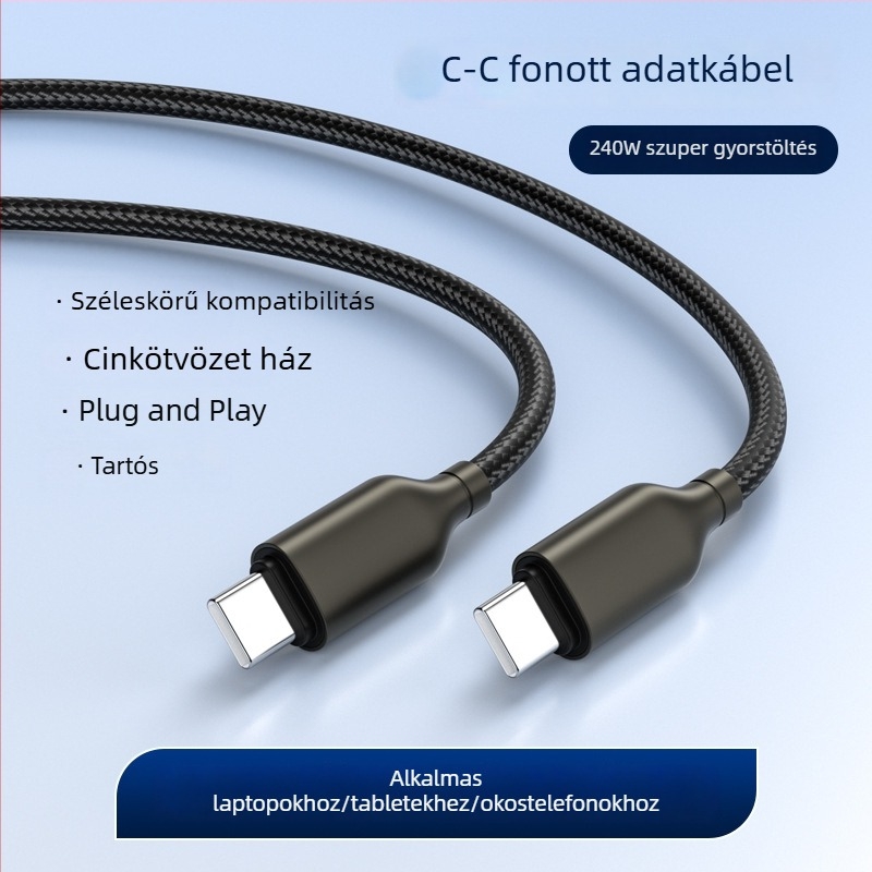 Cinkötvözetű USB Type-C adatkábel, hálós kivitel, 240 W-os gyors töltéshez, kompatibil Apple és Huawei