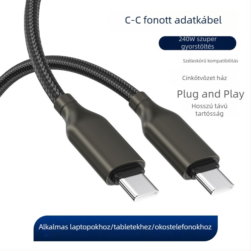 Cinkötvözetű USB Type-C adatkábel, hálós kivitel, 240 W-os gyors töltéshez, kompatibil Apple és Huawei
