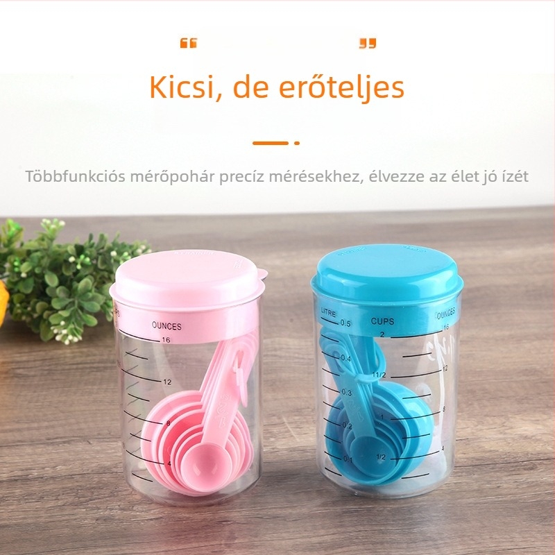 7 darabos műanyag mérőkanál és mérőedény készlet skálával, 500 ml kapacitással, sütéshez és lisztméréshez