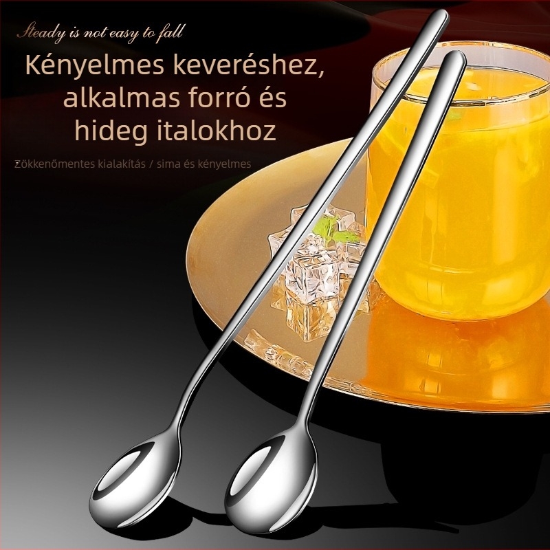 304 rozsdamentes acél hosszú nyelű kanál kávéhoz és tej-teával keveréséhez, hosszú nyele, koreai stílusú elegáns kis kanál