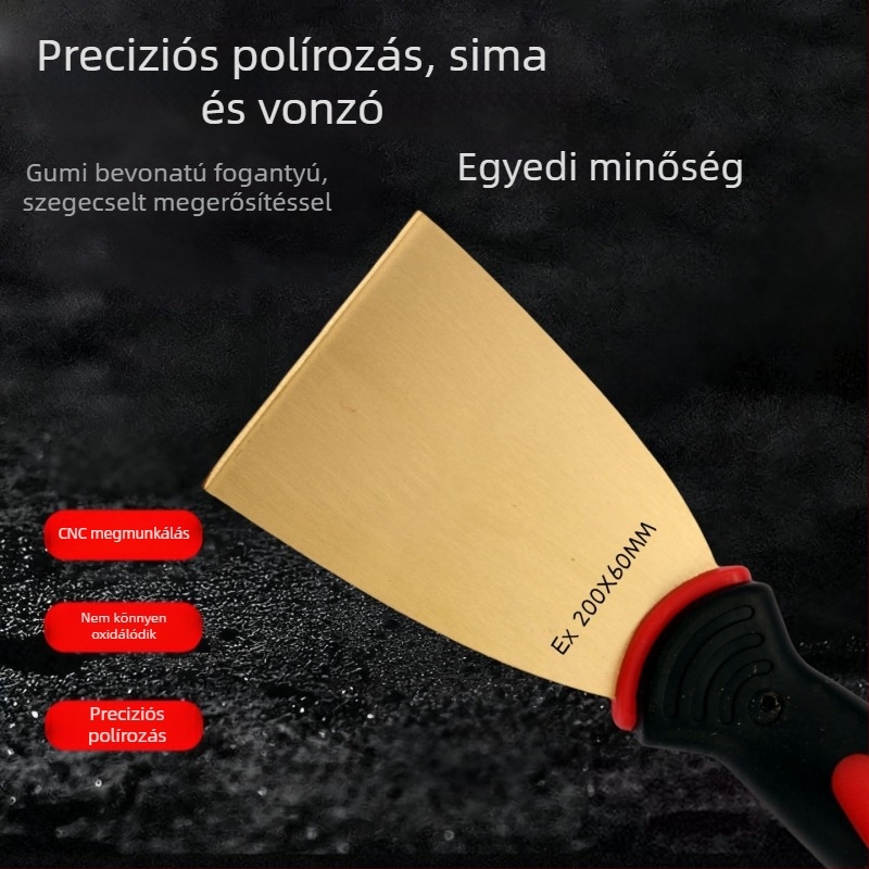 Robbanásbiztos, szikrámentes eszközök műanyag fogantyúval, réz- és bronzből: rozsdaeltávolító kaparó, glettkés, 3 és 4 hüvelykes glettkések, réz kaparó