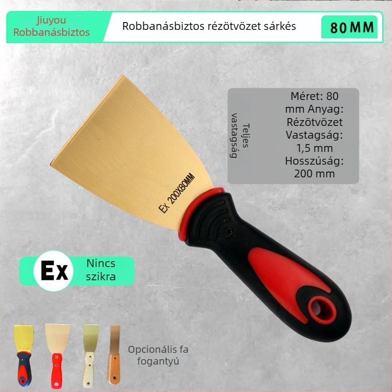 Robbanásbiztos, szikrámentes eszközök műanyag fogantyúval, réz- és bronzből: rozsdaeltávolító kaparó, glettkés, 3 és 4 hüvelykes glettkések, réz kaparó