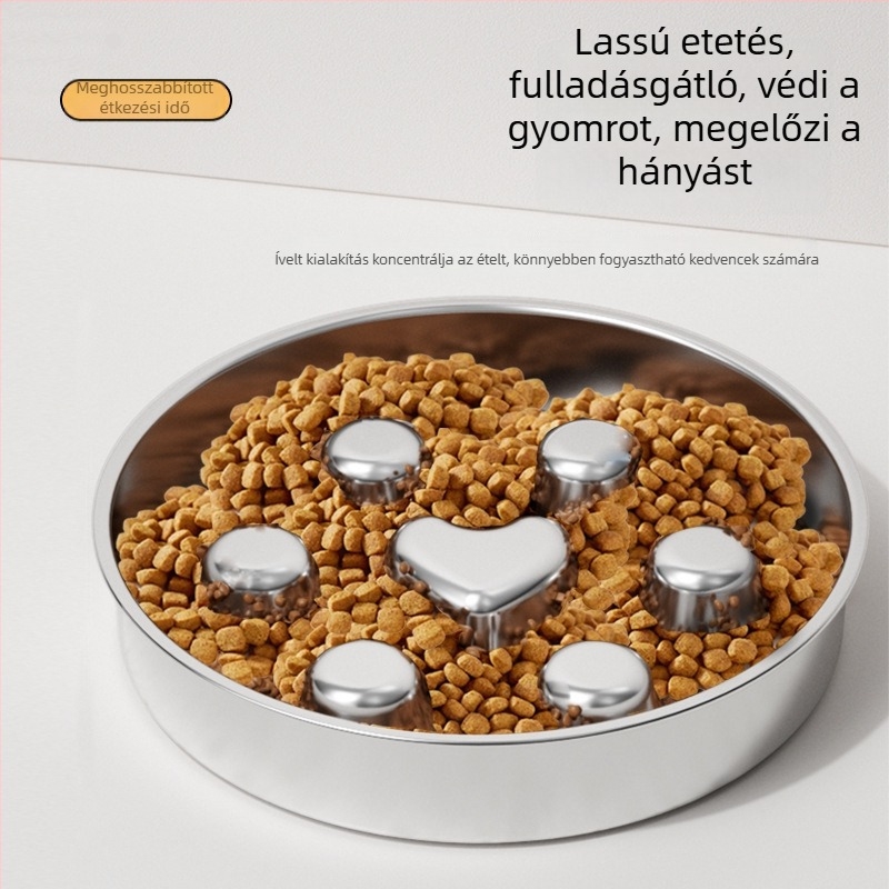 Élelmiszer-minőségű rozsdamentes acélból készült macska- és kutyatál, kiömlés elleni, lassú etető, fulladás elleni védelem