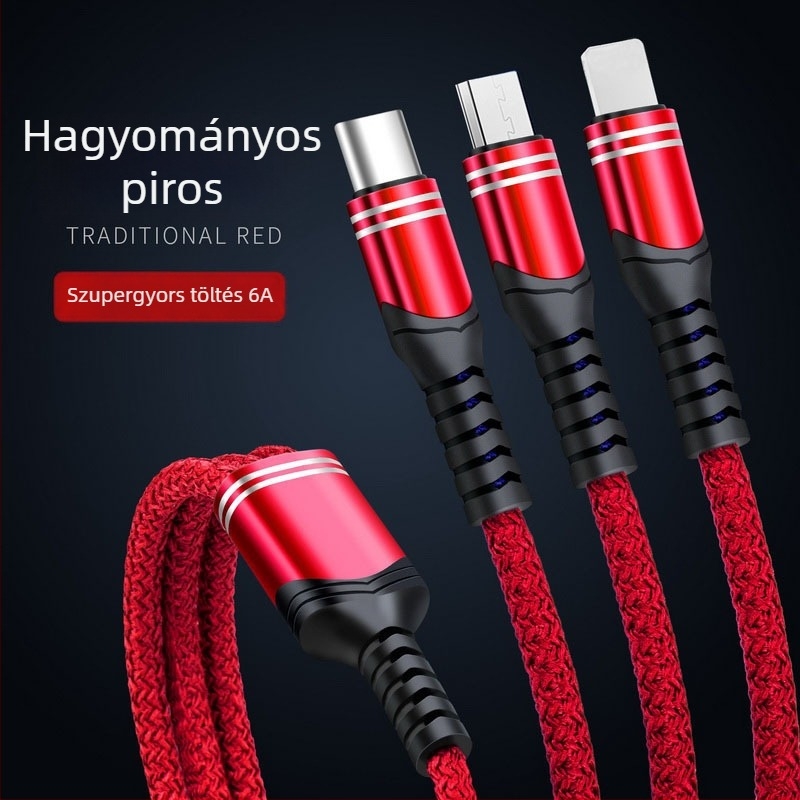 3 az 1-ben, szövött 6A gyors töltőkábel Android, Type-C és Apple PD támogatással