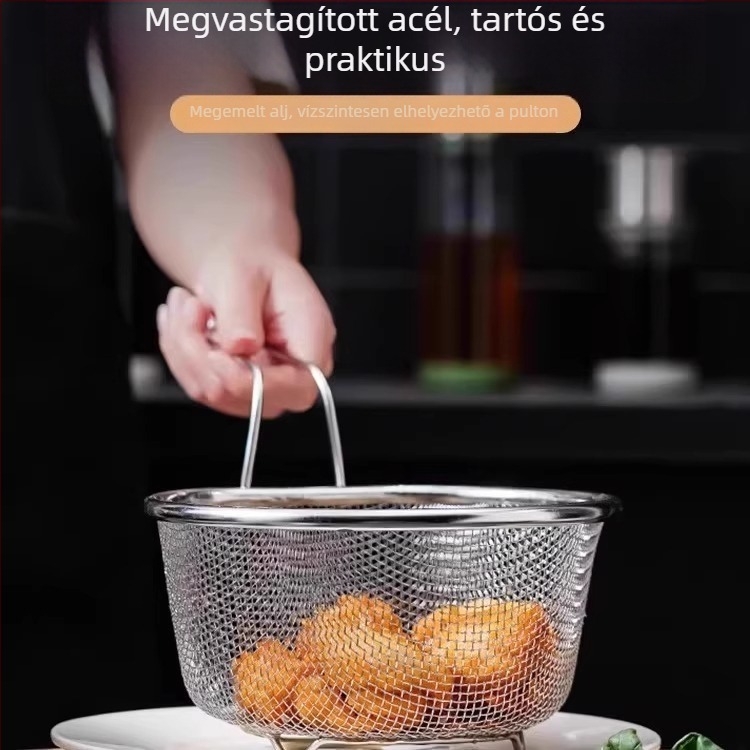 Rozsdamentes acélból készült nagy háztartási szűrő, tészta és gombócok számára
