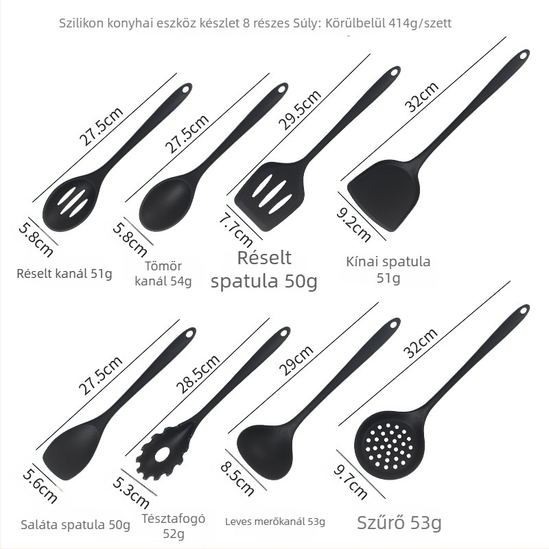 Szilikon spatula nem tapadó edényekhez – 8 részes konyhai eszköz készlet: spatula, lyukas kanál, sík spatula és keverőkanál