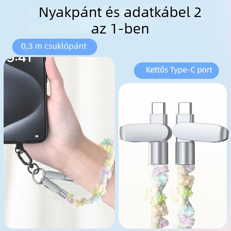 Kötött mintázatú telefonkábel nyakpánttal, USB-C/Lightning, PD gyors töltés