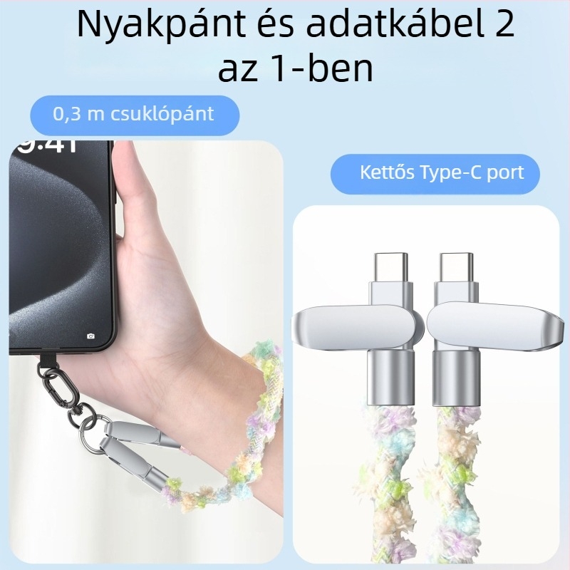 Kötött mintázatú telefonkábel nyakpánttal, USB-C/Lightning, PD gyors töltés