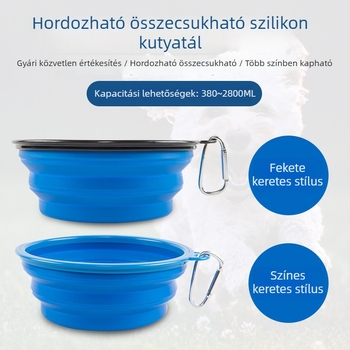 Összecsukható kutyatál fekete kerettel és kulcstartóval, hordozható utazáshoz