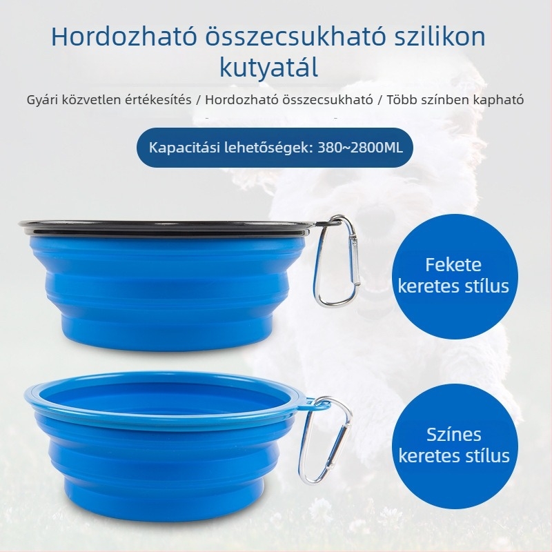 Összecsukható kutyatál fekete kerettel és kulcstartóval, hordozható utazáshoz