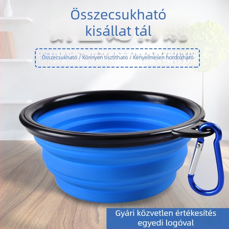 Összecsukható kutyatál fekete kerettel és kulcstartóval, hordozható utazáshoz