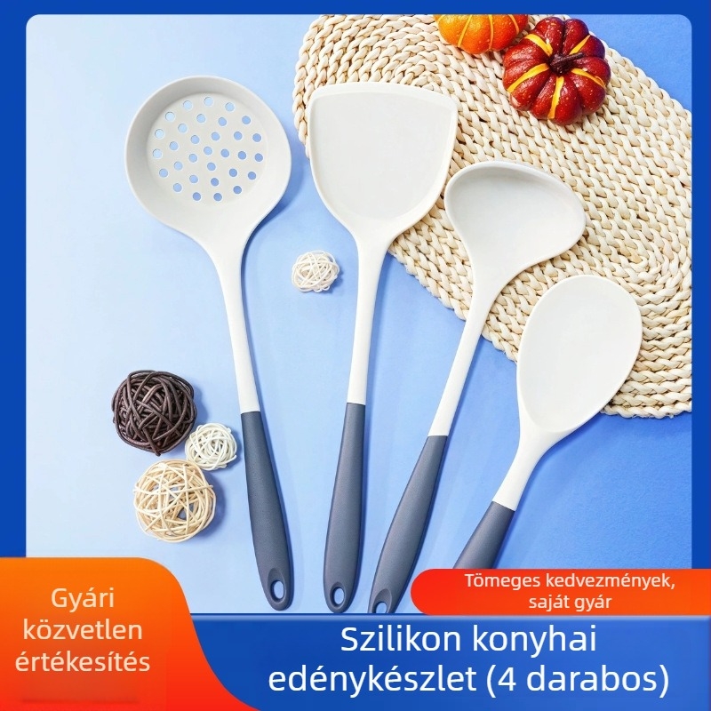 Xin'an szilikon konyhai készlet: élelmiszer-minőségű szilikon, hőálló, két tónusú szürke-fehér, mindent egyben konyhai eszközök: spatula, leveskanál és szűrőkanál.