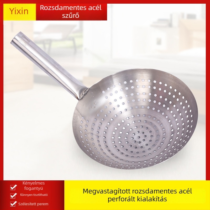 Rozsdamentes acél szűrőedény fritéshez és forró fazékhoz, nagy konyhai szita rövid nyéllel