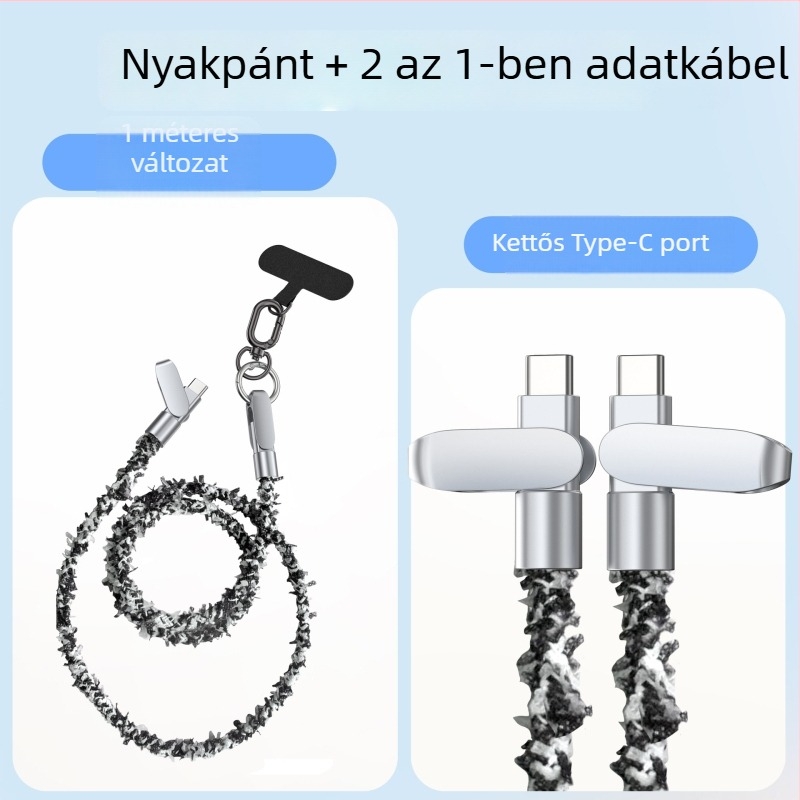 Kötött USB-C adatkábel nyakpánttal a telefonhoz, 2 az 1-ben gyors töltés, 60W, hossz 1-2 m