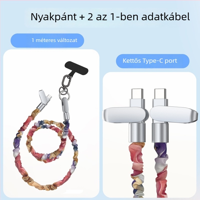 Kötött USB-C adatkábel nyakpánttal a telefonhoz, 2 az 1-ben gyors töltés, 60W, hossz 1-2 m