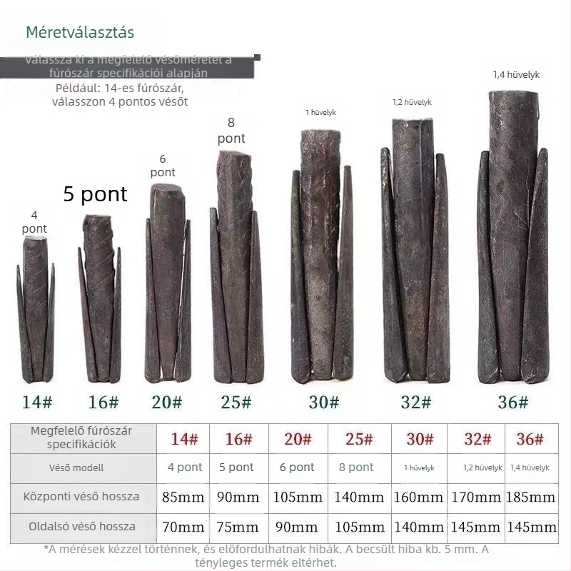 Kőhasító véső, magas széntartalmú acél fejjel és acél nyéllel, hossza 85–185 mm
