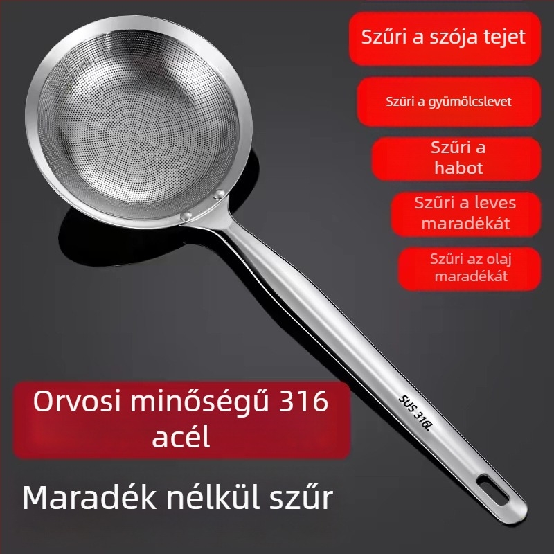 316-os rozsdamentes acél szűrőkanál finom hálós konyhai szűrővel, olaj- és habeltávolításra