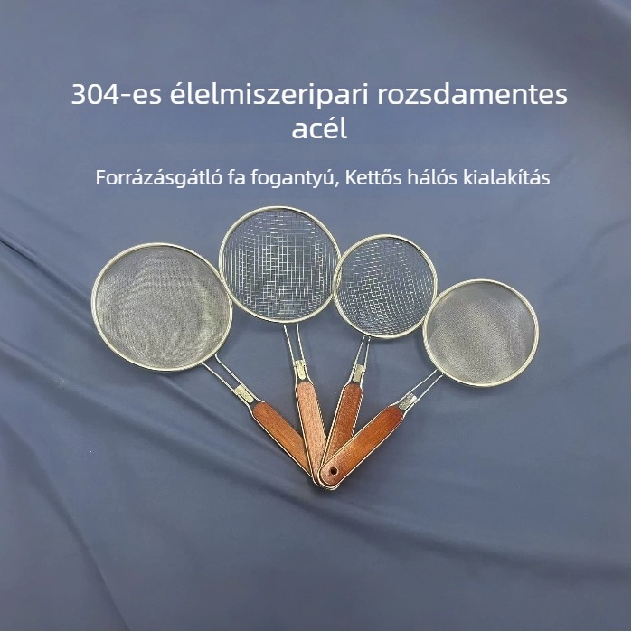 304 rozsdamentes acél szűrőkanál fa nyéllel és akasztóval, konyhai eszköz sütéshez, olaj lecsepegtetéséhez, tészta és szago