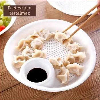 Kétszintes gyoza-tál ecetadagolóval és lecsöpögtető tálcával
