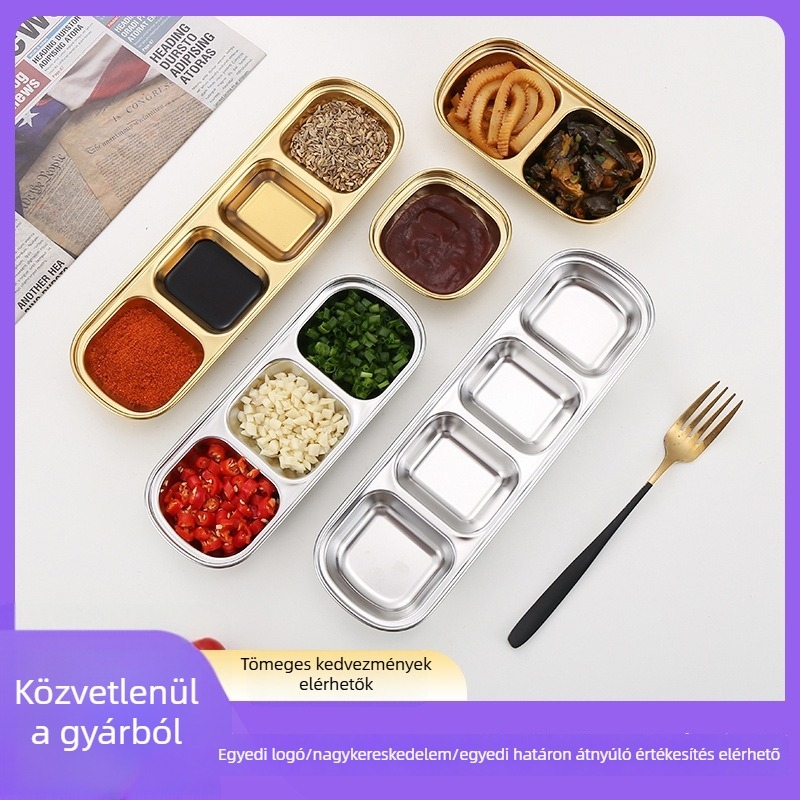 304 rozsdamentes acél osztott mártástál, aranyszínű, koreai barbecue stílus, négyzet alakú, kb. 10 cm, két vagy három rekesz