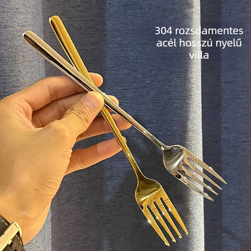 304 rozsdamentes acélból készült hosszú nyelű villa, koreai stílusú arany felülettel, szállodai és éttermi használatra, ramen, saláta és gyümölcs