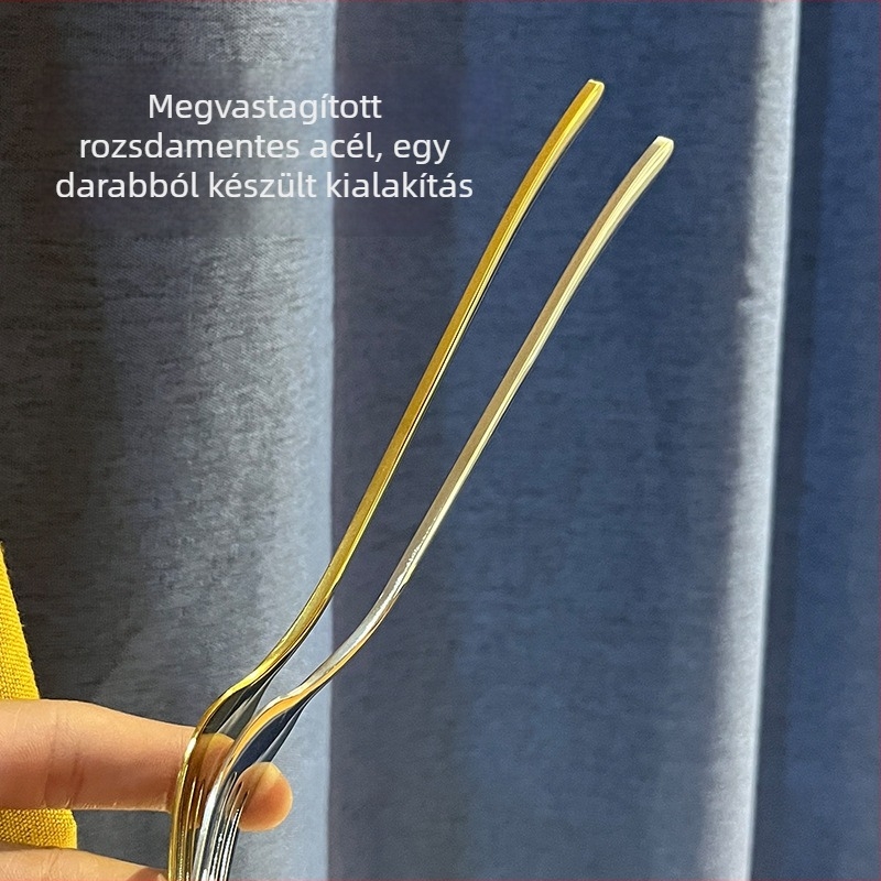 304 rozsdamentes acélból készült hosszú nyelű villa, koreai stílusú arany felülettel, szállodai és éttermi használatra, ramen, saláta és gyümölcs