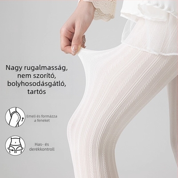 Tejfehér női harisnya tavasz-őszre, közepes vastagságú, függőleges csíkok, kábel mintázat, japán stílus, formázó harisnya