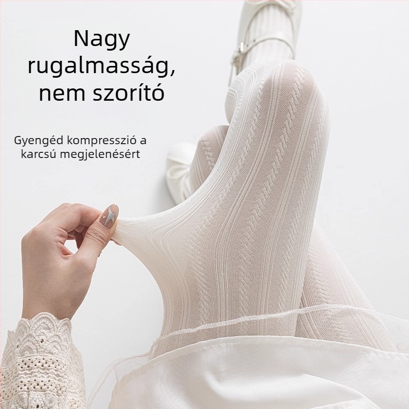 Tejfehér női harisnya tavasz-őszre, közepes vastagságú, függőleges csíkok, kábel mintázat, japán stílus, formázó harisnya
