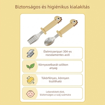 Dínó alakú bébi etetőkanál és villa készlet, 304 rozsdamentes acélból, fényes sárga