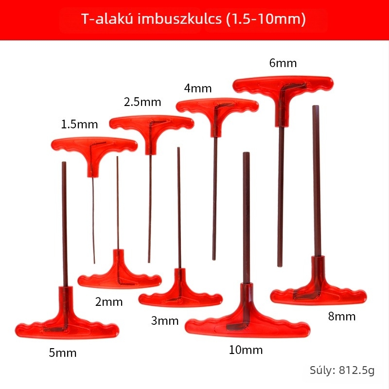 T alakú imbuszkulcs S2 acélból, magas keménységű, fogantyúval, belső hatszög kulcs és lapos fejű csavarhúzó