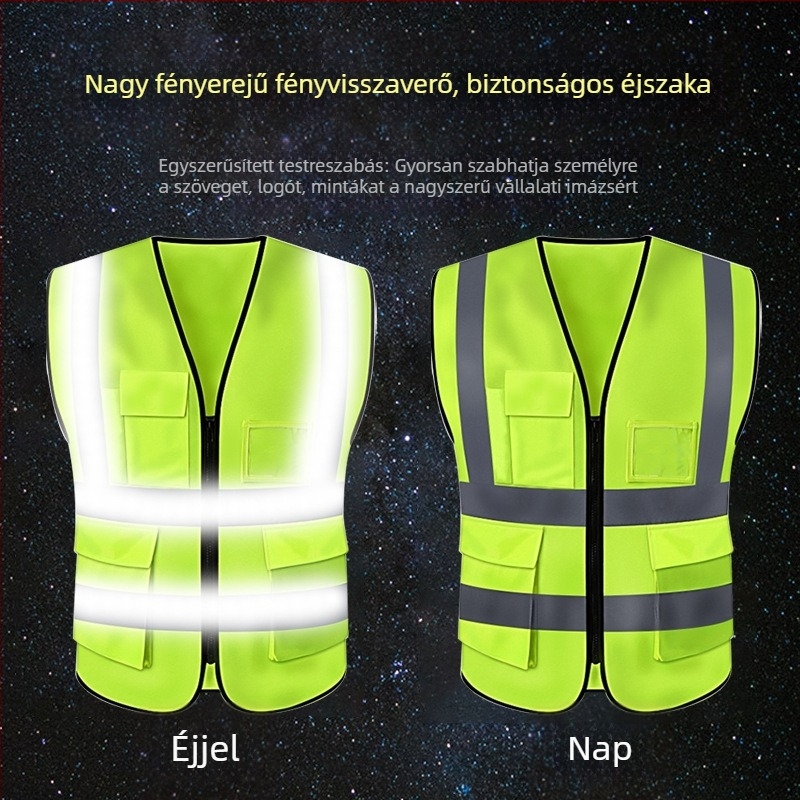 Több zsebbel ellátott, vastagított fényvisszaverő mellény építkezési és közúti munkákhoz