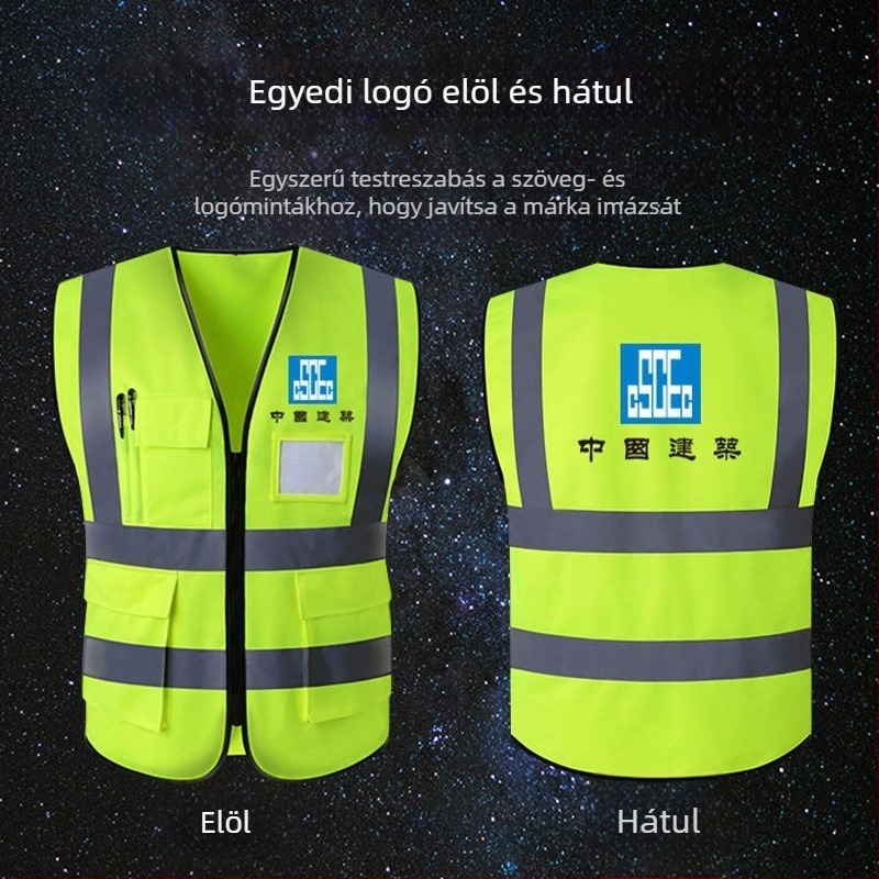 Több zsebbel ellátott, vastagított fényvisszaverő mellény építkezési és közúti munkákhoz