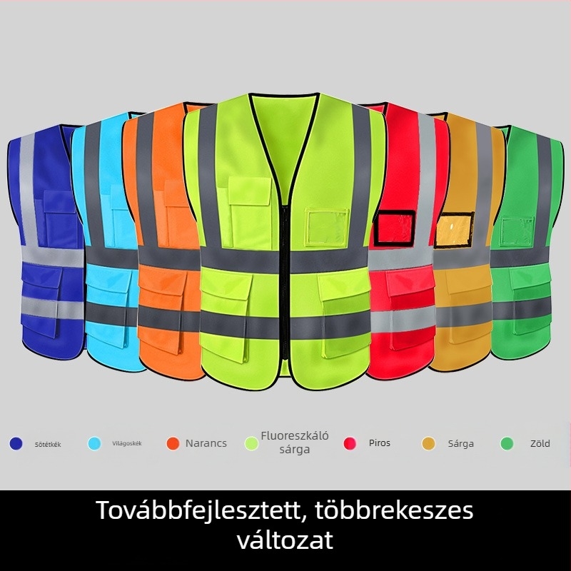 Több zsebbel ellátott, vastagított fényvisszaverő mellény építkezési és közúti munkákhoz